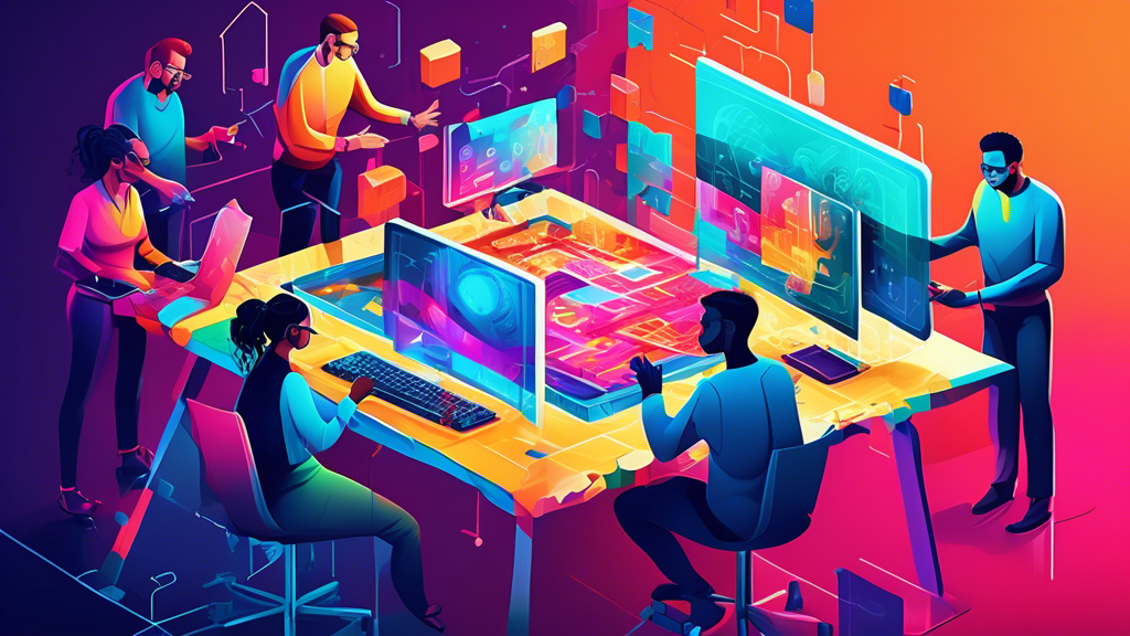 An imaginative digital artwork depicting a team of diverse web developers collaboratively working on pieces of a giant, jigsaw-puzzle-shaped computer screen that floats in a futuristic, cyber-themed workspace, symbolizing the integration of Agile methodologies in web development.