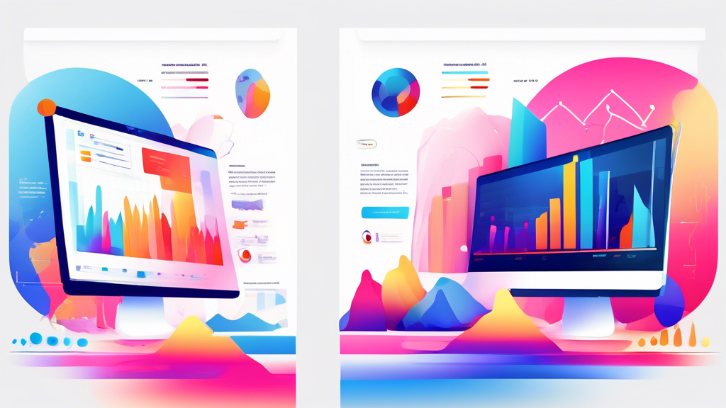 Digital artwork of two versions of a website side-by-side, with colorful graphs, charts, and statistics floating above, illustrating the process of A/B testing and optimization.