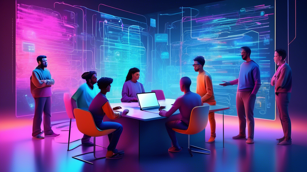 An illustrated digital art scene of a diverse group of programmers sitting around a large, futuristic holographic display showing lines of colorful code, engaging in a constructive and collaborative discussion, with floating icons symbolizing best practices like feedback, teamwork, and checklists.