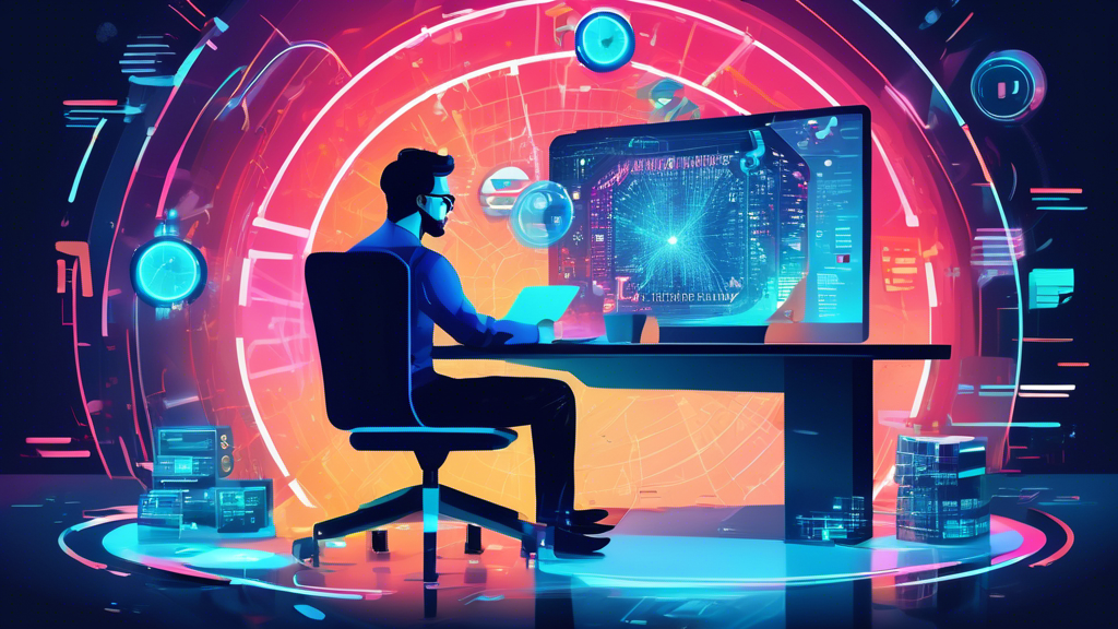 An illustration of a web developer sitting at a futuristic workstation surrounded by floating digital code and productivity tools, with a clock showing time being efficiently managed in the background.