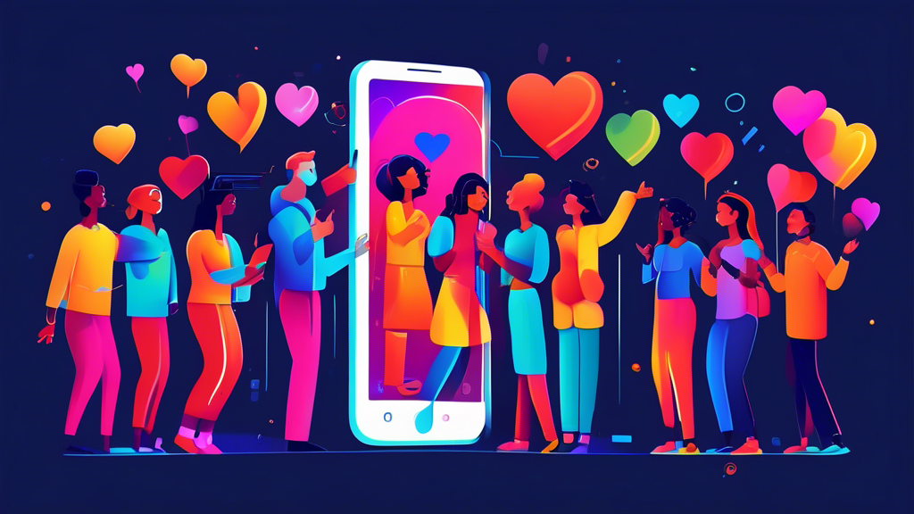 Visualize a vibrant, colorful image of a diverse group of people gathered around a giant smartphone, engaging enthusiastically with dynamic, interactive elements popping out of the screen, highlighting strategies and tips for boosting user engagement. Include visual metaphors like thumbs-up, hearts, and comment bubbles in the air around them.