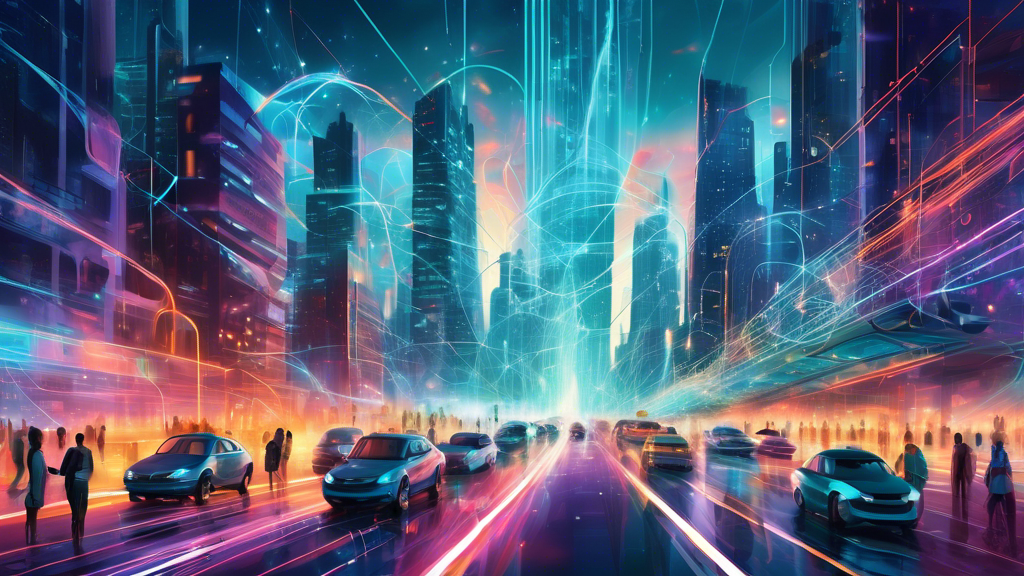 An imaginative digital painting of a bustling futuristic city highway, with webs of luminous data streams flowing into a glowing, iconic web browser symbol, symbolizing a surge in website traffic, surrounded by small, diverse groups of people engaging with various digital devices, all under a sky filled with code and SEO keywords.