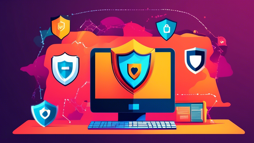 An illustrated infographic showcasing top tips for enhancing website security, featuring a shield symbolizing protection around a computer displaying a secure website.