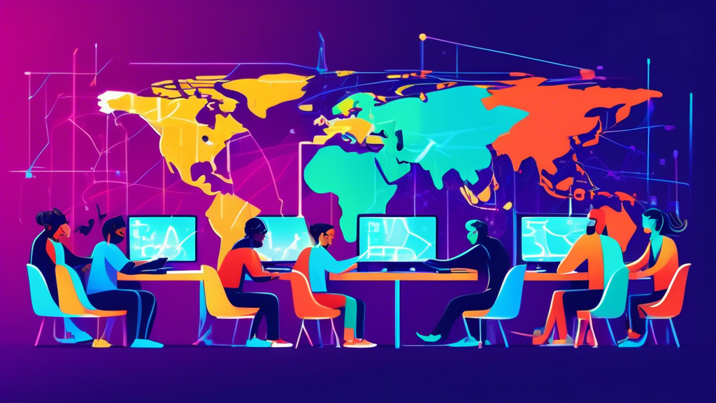 An illustration showing a diverse group of animated characters collaborating and coding on laptops across different time zones, connected by digital lines on a virtual world map background.