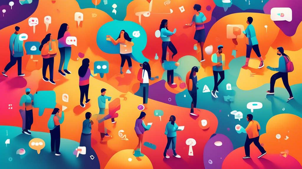 Digital illustration of diverse people connecting puzzle pieces together, forming a bridge over a vibrant online network landscape with chat bubbles and social media icons floating around, symbolizing a strong user community building.