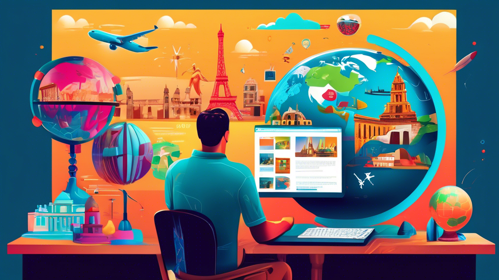 An artistic rendering of a digital craftsman creating a vibrant and interactive travel and tourism website on a computer screen, with iconic world landmarks and cultural symbols floating out of the screen into a welcoming, virtual globe.