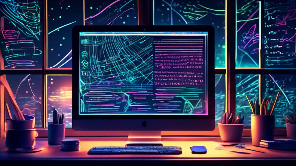 An artistically rendered digital workspace with a computer screen displaying lines of code, surrounded by notes and sketches about blog design, illuminated by the soft glow of creativity under a night sky visible through a nearby window.