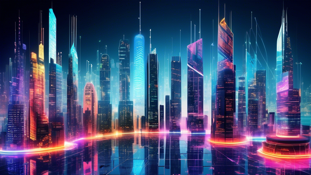 A futuristic cityscape with diverse skyscrapers made of code and software logos, illustrating the concept of selecting the ideal technology infrastructure for a project.