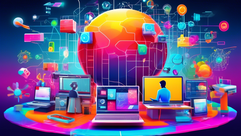 An array of diverse, colorful web development tools and services orbiting around a thriving digital business landscape under a bright, futuristic sky.