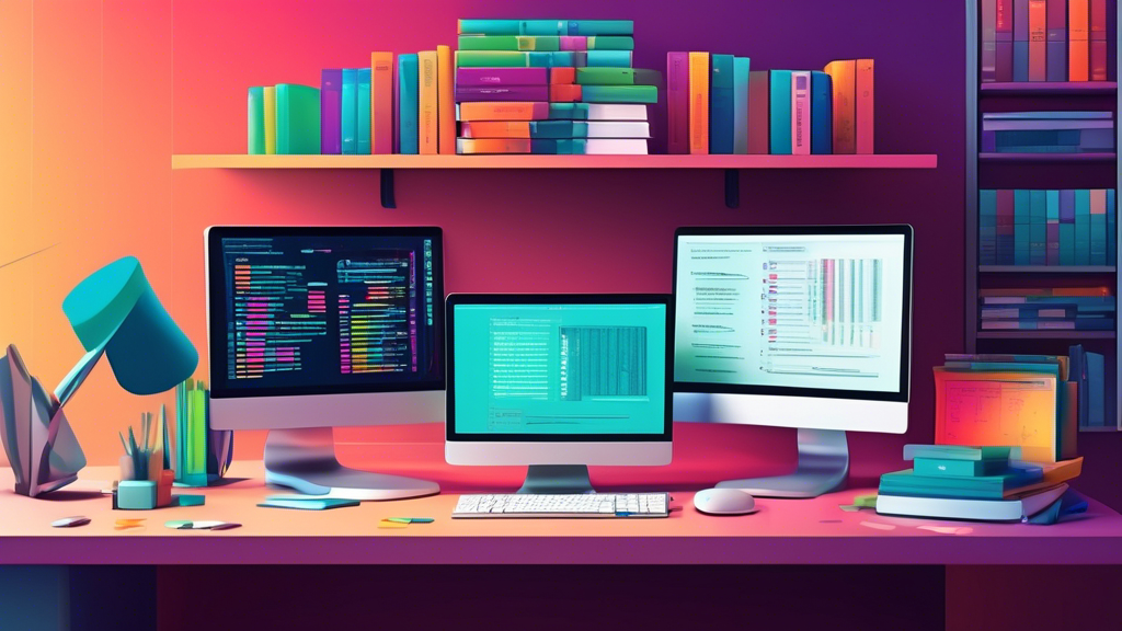 An elegant, well-organized workspace with multiple computer screens displaying colorful, structured code, surrounded by reference books on coding best practices, with subtle background elements indicative of improvement and elevation in a bright, modern office setting.