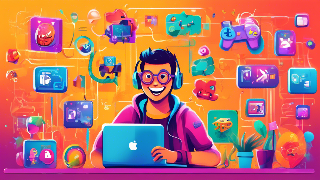 An illustrated digital guidebook cover showing a smiling beginner developer creating a colorful web-based game on a computer, with coding icons and game characters surrounding the screen in a whimsical, inviting style.