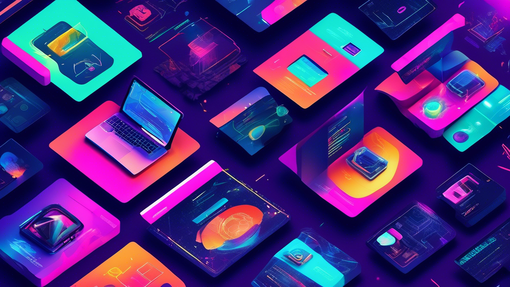 A visually captivating collage showcasing an array of stunning, innovative web developer portfolio designs, highlighted by a futuristic, digital theme with a glowing, neon color scheme.