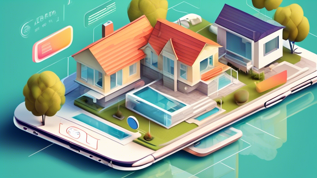 An engaging digital illustration of a sleek, modern real estate website interface showcasing a beautiful home, with happy users browsing through listings on their devices, highlighting essential features like user-friendly navigation, high-quality images, and interactive maps.