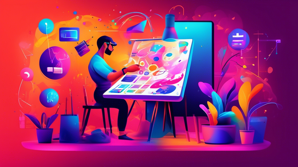 Digital illustration of an artist painting a vibrant and dynamic website interface on a canvas, illuminated by a spotlight, with icons representing tips and tricks floating around.