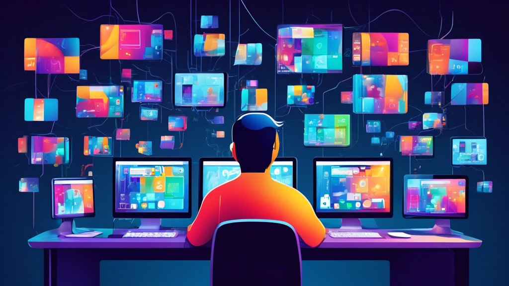 A digital illustration of a developer sitting at a computer workstation, surrounded by floating screens displaying various mobile and desktop operating systems, symbolizing cross-platform app development.