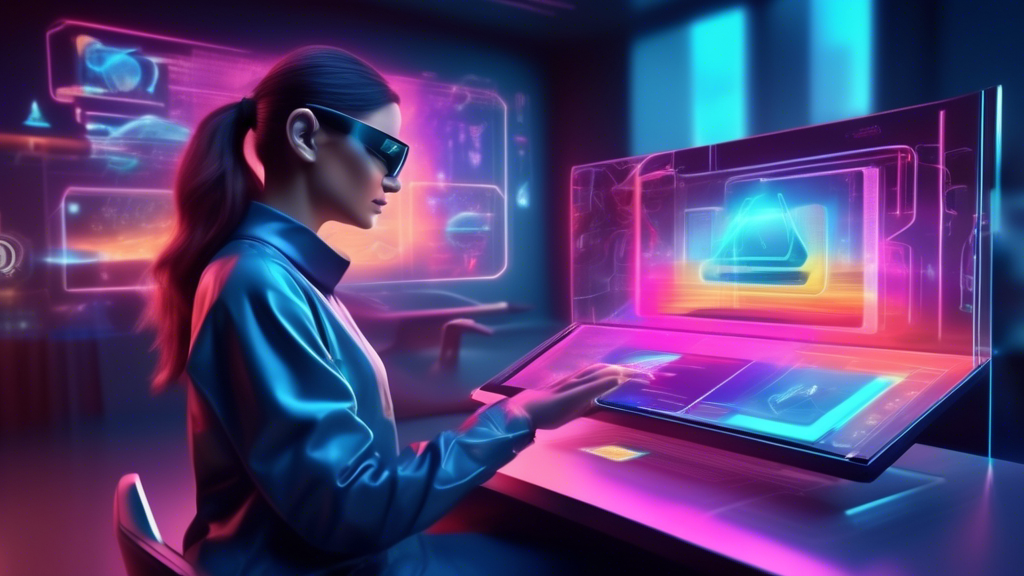 Visualize a futuristic, highly interactive holographic user interface design, showcasing gesture control and augmented reality features in a sleek, modern workspace.