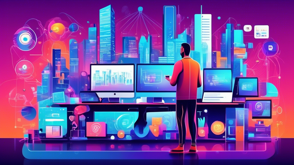 An illustration of a web developer standing in front of a digital workspace, surrounded by essential digital marketing tools and icons, showcasing SEO, content management, social media, and analytics, with a futuristic cityscape in the background.