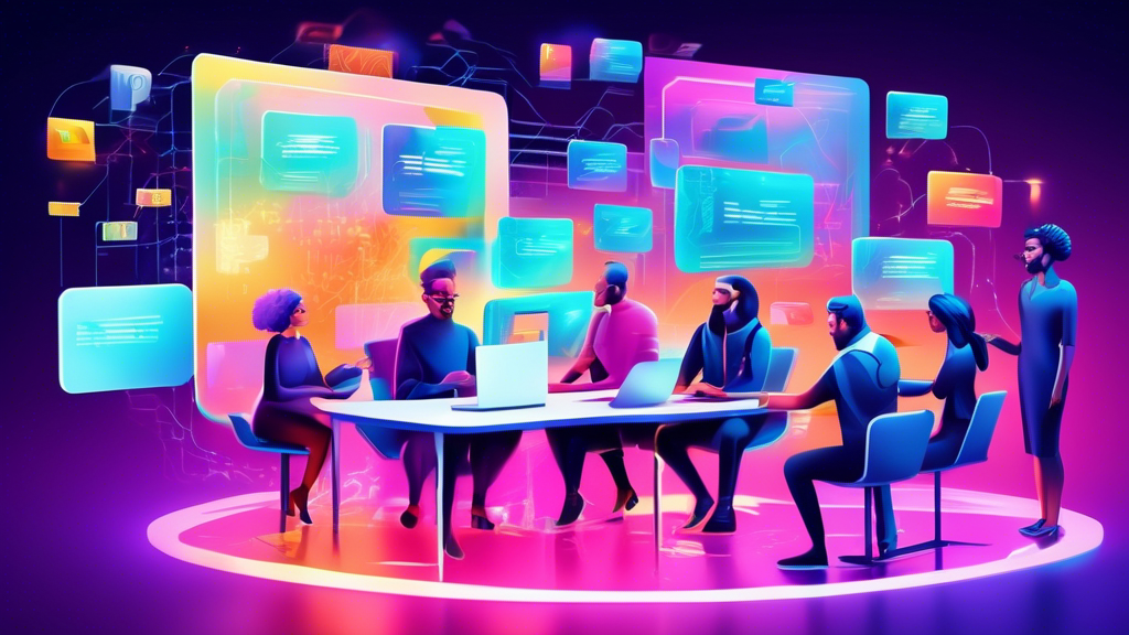 A digital illustration showcasing a creative brainstorming session with a diverse team of web developers and marketers gathered around a futuristic, holographic display of an email, highlighting key strategies for engagement and growth.