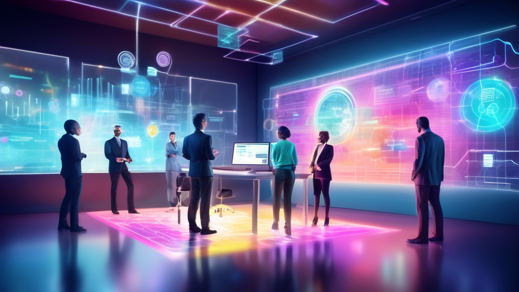 digital brainstorming session with a diverse group of professionals gathered around a futuristic holographic interface displaying a web sitemap and key performance indicators, all set in a modern, well-lit office environment