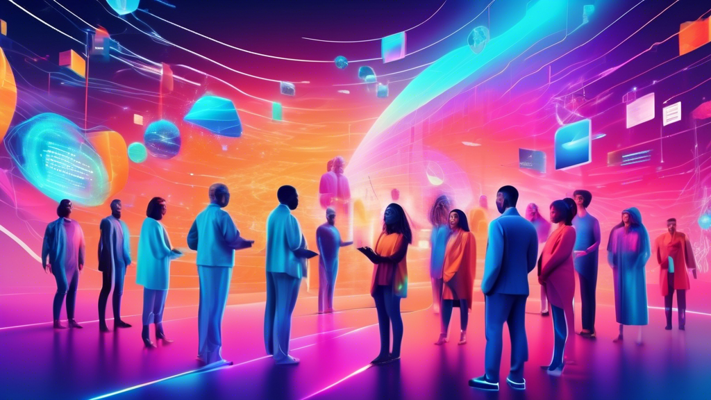 A digital landscape evolving with futuristic technology, showcasing diverse individuals collaborating around a holographic interface, symbolizing innovation and the journey of embracing digital transformation.