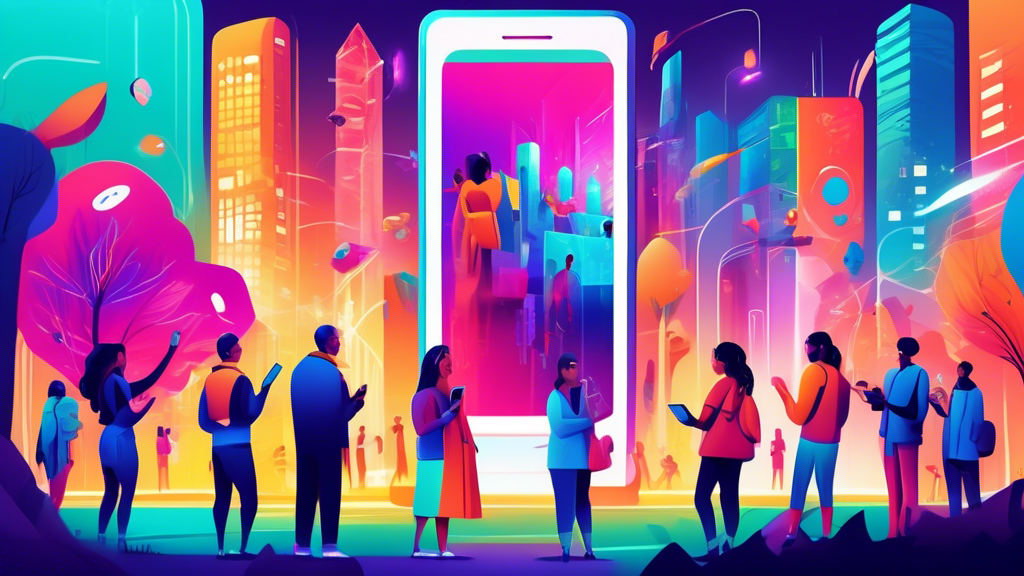 Create a vibrant digital art piece showing a diverse group of people gathered around a giant smartphone, interacting with a beautifully designed, user-friendly interface, in a futuristic city park setting.