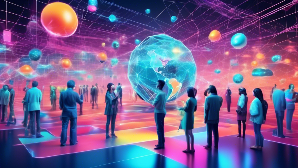 An innovative digital landscape filled with futuristic devices, holographic web interfaces, and people interacting with 3D virtual reality, all interconnected in a seamless, global network, symbolizing the evolution of Web technologies.