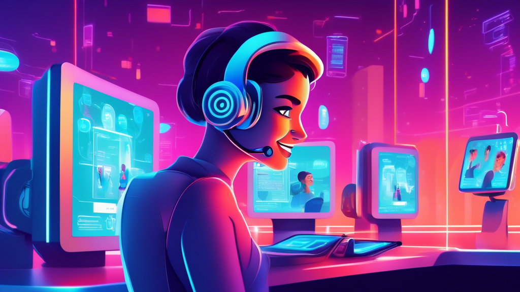 An illustration of a friendly chatbot wearing a headset, assisting multiple customers at once, with digital screens displaying happy feedback in a futuristic customer service center setting.