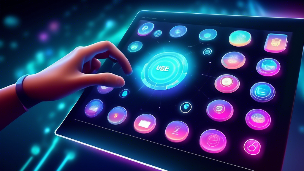 Create an image of a futuristic, interactive web interface with glowing buttons and animated elements that illustrate user engagement, displayed on a sleek digital tablet against a modern, minimalist background.