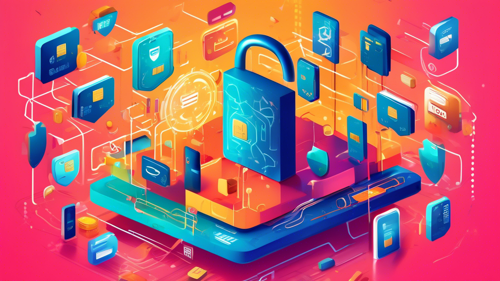 An illustrated digital fortress surrounded by various symbols of personal data (like credit cards, passwords, and personal IDs), with shield icons and padlocks hovering around it, representing data protection strategies in a cyber security context.