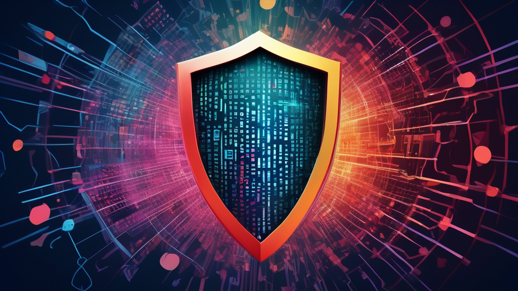 An illustration of a shield with digital code patterns superimposed over a background of website interfaces, symbolizing protection and cybersecurity for website owners.