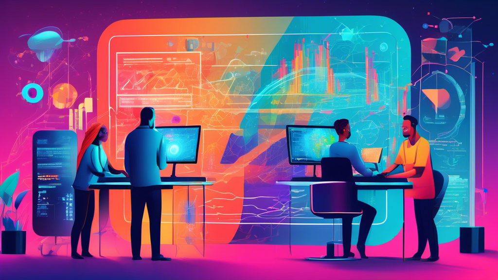 An illustration of a team collaborating around a giant computer screen, displaying colorful graphs and code, with symbols of continuous integration, deployment pipelines, and automation tools floating in the background, all set in a futuristic, high-tech office environment.