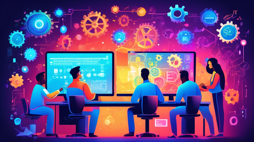 An illustrated guide showing a diverse group of web developers collaborating around a large, glowing computer screen, with holographic icons of tools and gears floating above their workspace, symbolizing efficient website maintenance and improvement.