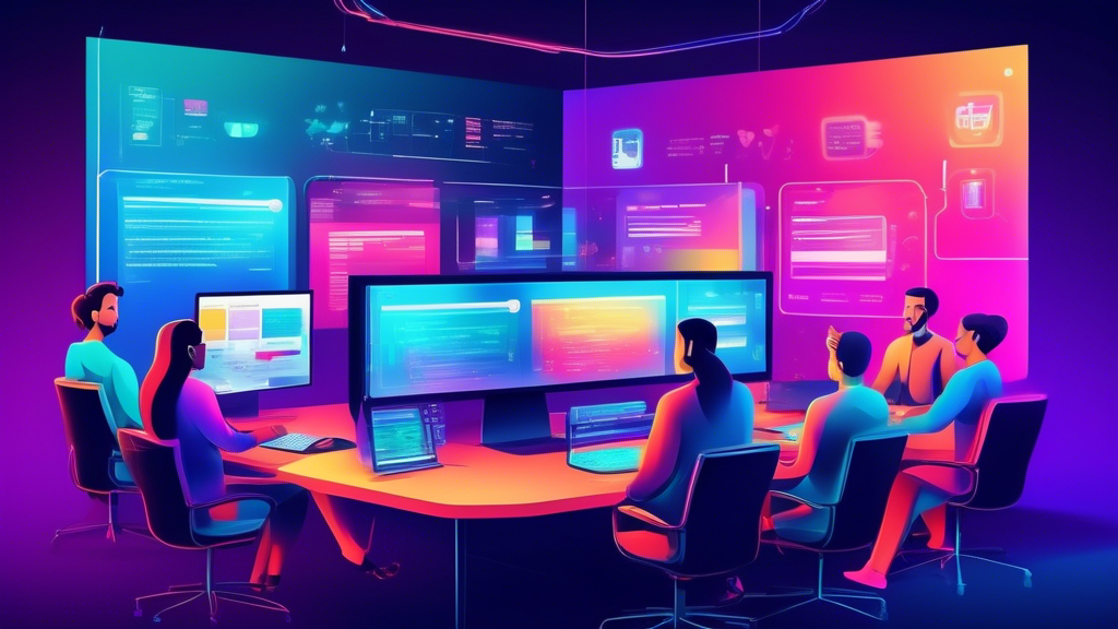 An illustrated digital conference room where diverse web developers and customer support representatives are collaboratively working on a large, glowing computer screen, showcasing a user-friendly interface design.