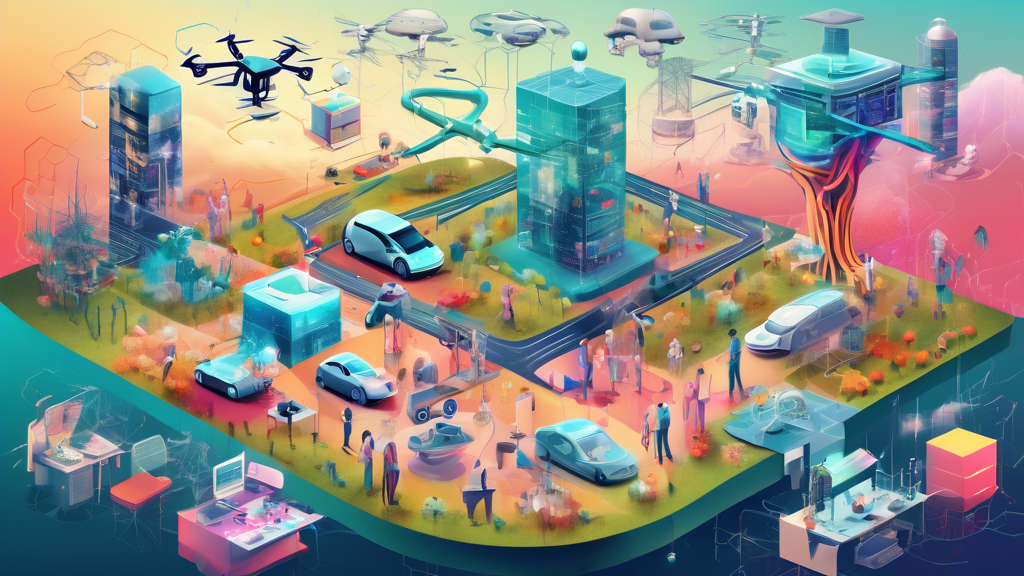 An imaginative digital montage showcasing a diverse array of scenarios where machine learning is being applied, including healthcare diagnosis, autonomous vehicle navigation, wildlife conservation with drones, recommendation algorithms for e-commerce, and predictive maintenance in manufacturing, all interconnected within a futuristic, neural network-inspired landscape.