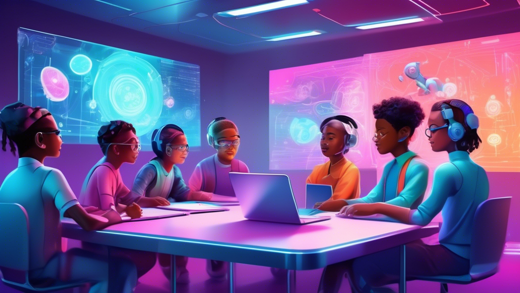 Digital painting of a diverse group of students sitting in a futuristic virtual classroom, interacting with 3D holographic e-learning platforms while a friendly robot instructor guides them.