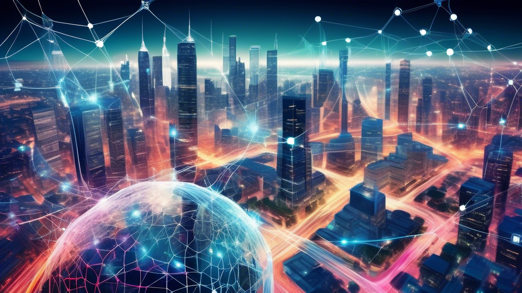 An elegant and intricate web of digital connections and nodes overlaying a futuristic cityscape, representing enterprise web solutions, with business professionals collaboratively working on innovative strategies for success in the foreground.