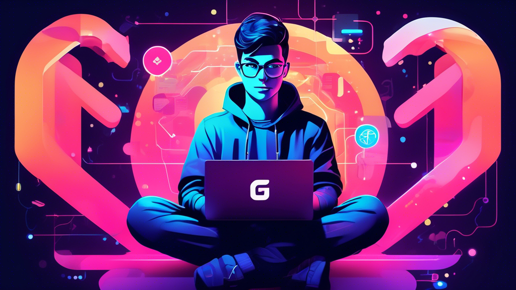 An illustration of a young developer sitting under a giant glowing GitHub logo, surrounded by guides, tutorials, and code snippets, symbolizing exploration and learning in a vibrant, digital landscape.