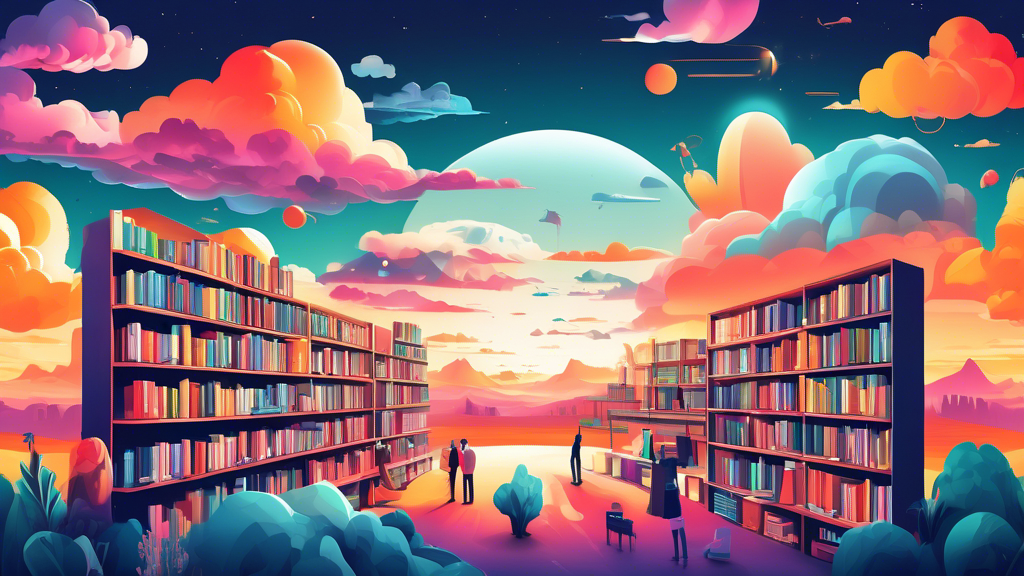 An illustrated landscape of a vast digital library showcasing various open source web development tools and resources, with diverse developers collaborating at different sections, under a bright, welcoming sky.