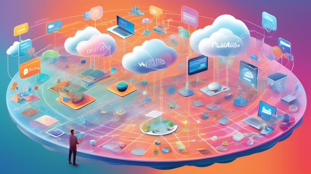 An imaginative digital landscape showcasing a vast array of interconnected platforms floating in a cloud-filled sky, each labeled with different services, demonstrating the diversity of Platform as a Service (PaaS) solutions, with a guide character pointing out the features with a holographic pointer.