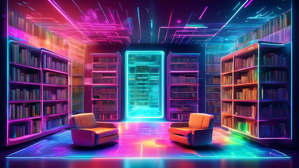 Visualize a colorful digital library filled with websites as books, each a unique case study in web development, with developers collaboratively studying around a glowing, holographic computer in a futuristic setting.