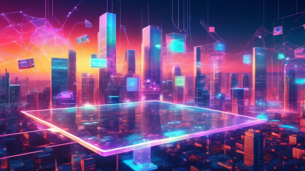 An artist's futuristic digital landscape showcasing holographic web design and coding interfaces floating above a smart city at sunset.