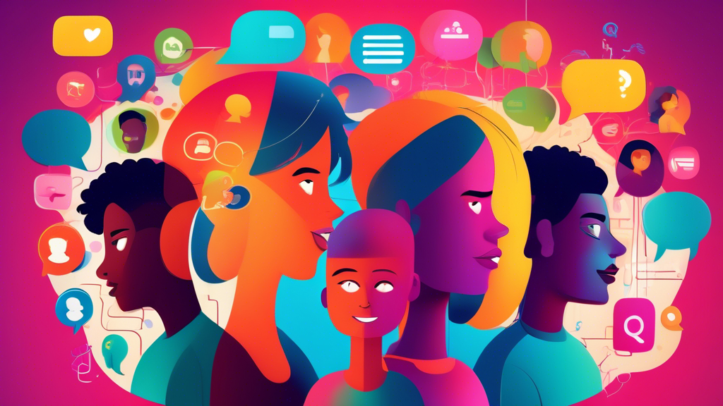 Digital illustration of a vibrant online forum community coming together in a virtual space, highlighting diverse avatars engaging in discussions with speech bubbles containing symbols of like, share, and comment, set against a backdrop of interconnected web and social media icons.