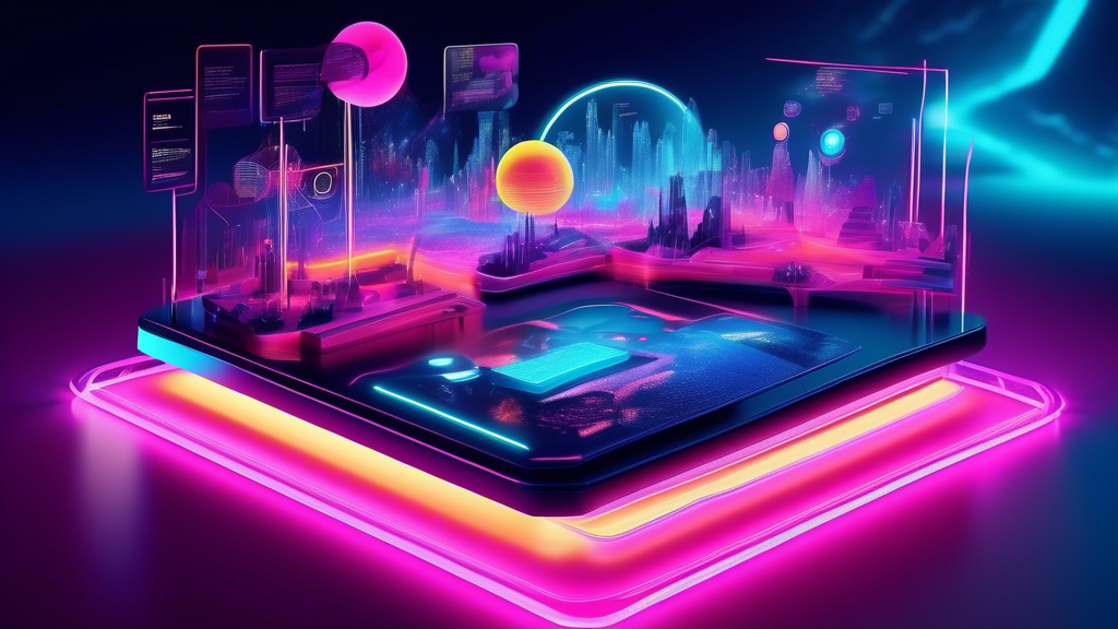 An artistically crafted three-dimensional digital landscape showcasing a futuristic webpage, with interactive elements floating against a backdrop of a virtual reality interface, illuminated by neon lights.