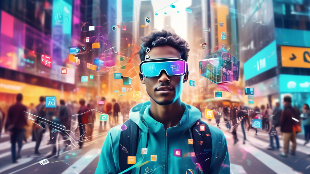 Create an image of a person wearing augmented reality glasses, with digital information overlays and interactive 3D objects floating around in a bustling cityscape, showcasing the seamless integration of virtual and real worlds.