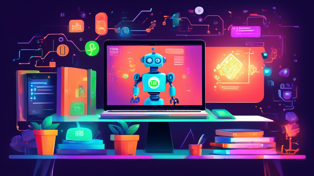 An illustrated digital tutorial book open on a desk surrounded by coding paraphernalia, with a friendly robot pointing at a glowing MongoDB logo on the screen.