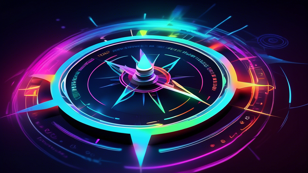 Digital painting of a sleek, modern website interface floating above a compass, with various navigation paths illuminated in glowing neon, highlighting the smooth journey through web pages.