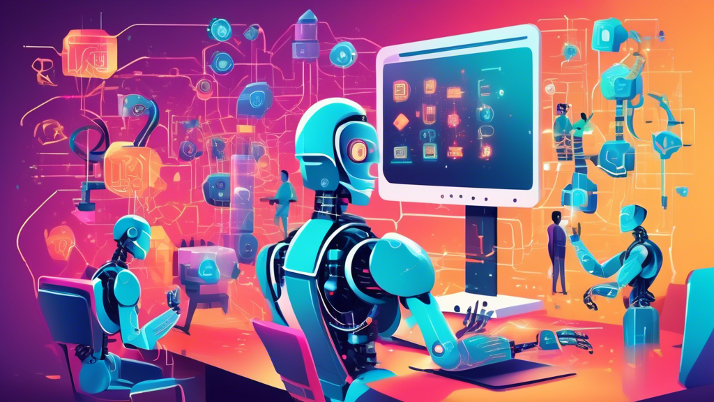 An imaginative illustration of robots and humans collaborating to build a futuristic web interface, with AI symbols and coding elements floating in the background, symbolizing the integration of artificial intelligence into web development.