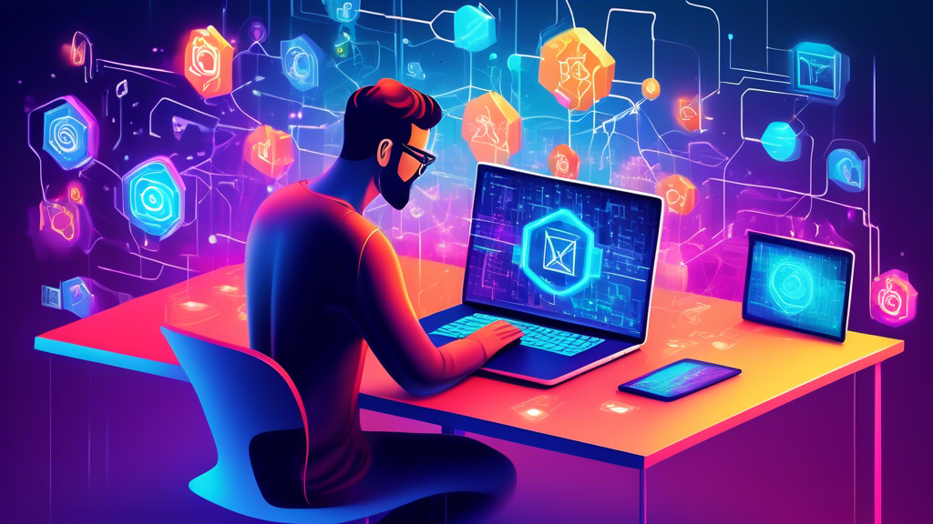 Detailed digital illustration showing a web developer coding on a laptop with futuristic blockchain symbols floating around the screen and connecting various internet devices in the background.