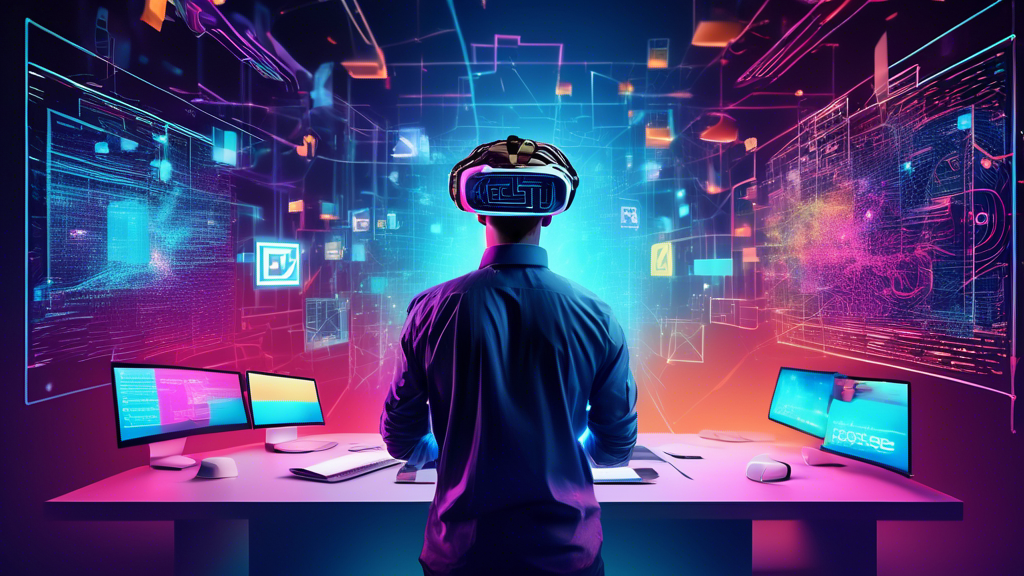 An illuminated, high-tech workspace with a web developer wearing a virtual reality headset, surrounded by floating digital code and 3D web design elements, illustrating the cutting-edge integration of virtual reality in web development.