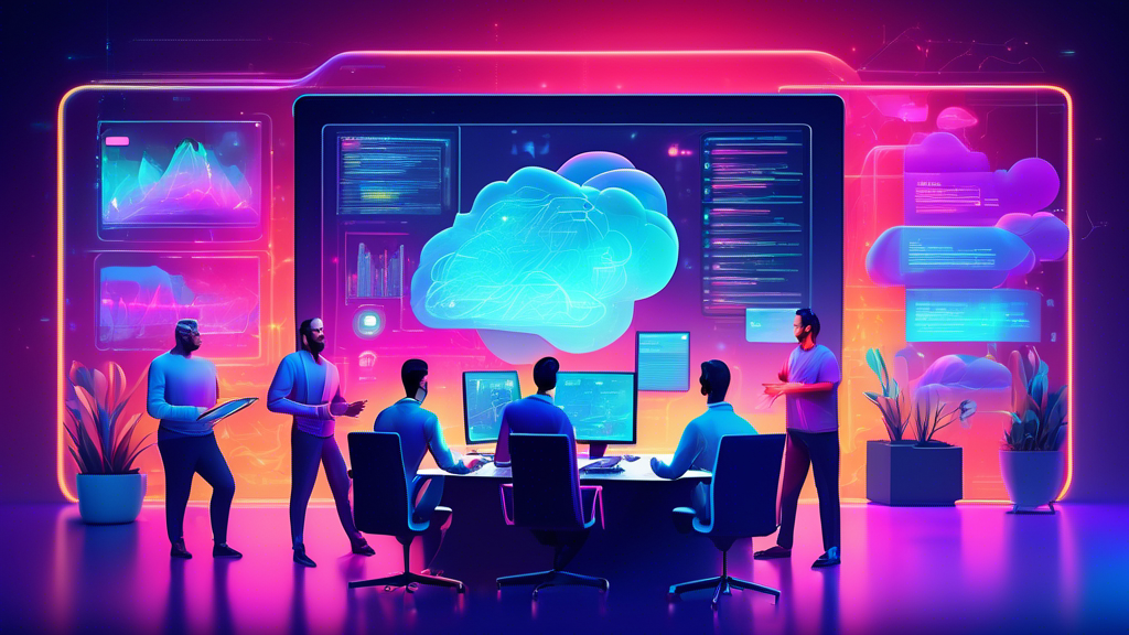 An innovative digital workspace showcasing a team of developers brainstorming around a large, glowing display screen that projects futuristic, holographic visualizations of software architecture, cloud infrastructure, and analytics charts for SaaS development, with a vibrant, tech-inspired background encapsulating the theme of successful strategy implementation.